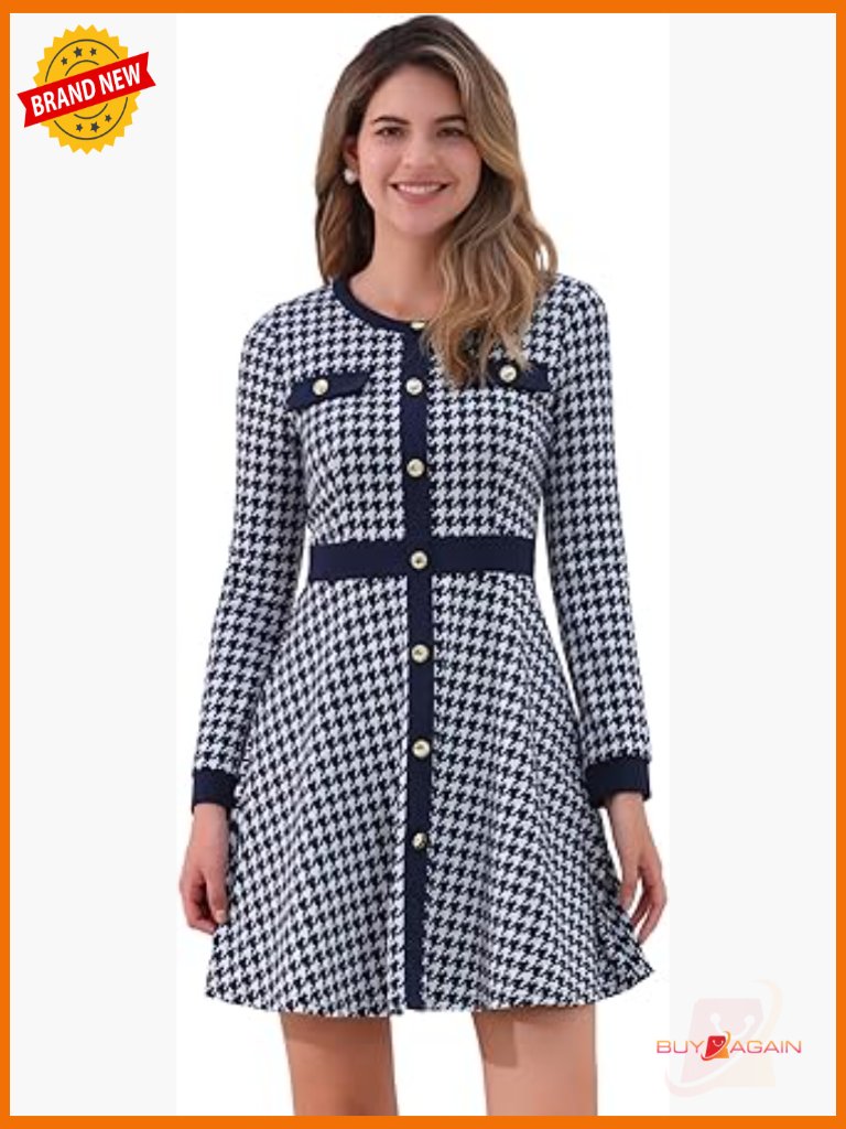 Houndstooth Plaid A-Line Dress Crew Neck Long Sleeve Button Front High Waist